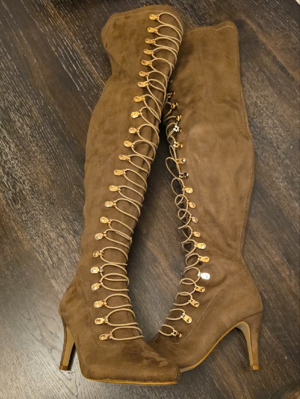 Journee Collection Trill Faux Suede Gold Lace Up Over The Knee Boots - Picture 3 of 4